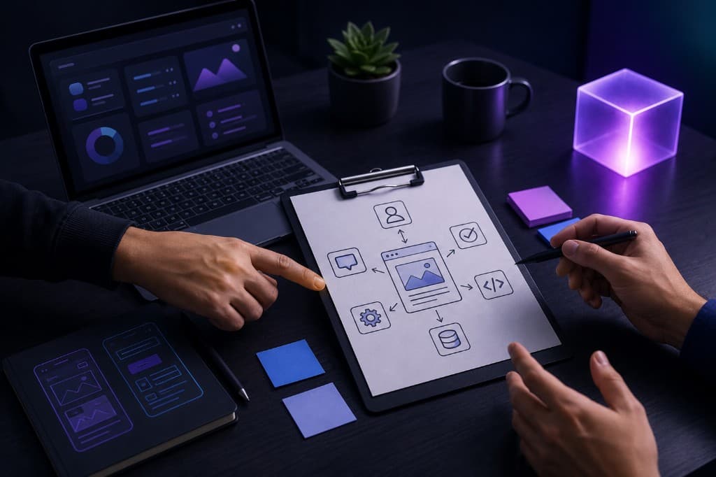 Team reviewing a software architecture brief on a clipboard beside a laptop dashboard and mobile wireframes