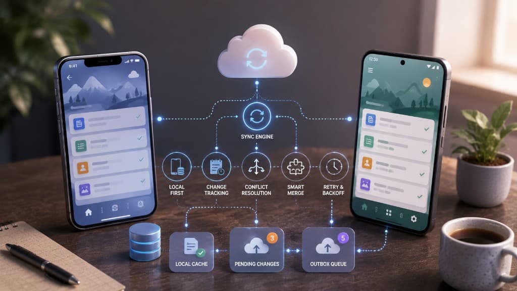 Mobile app on a phone illustrating offline-first field and sync workflows