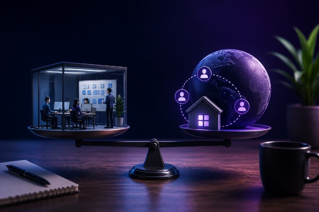 Balance scale comparing an in-house office team with a remote global workforce and home office