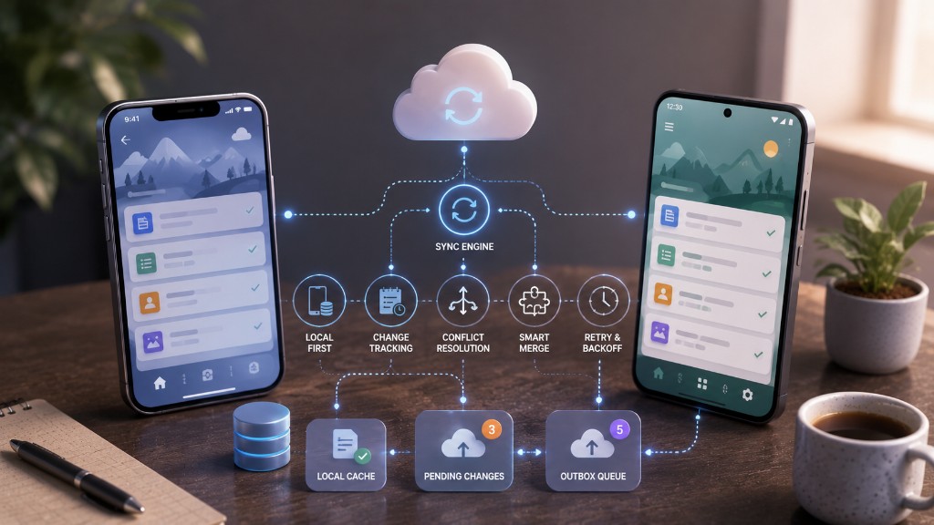 Mobile app on a phone illustrating offline-first field and sync workflows