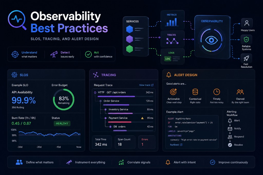 Code and monitoring imagery representing production observability and alerting systems